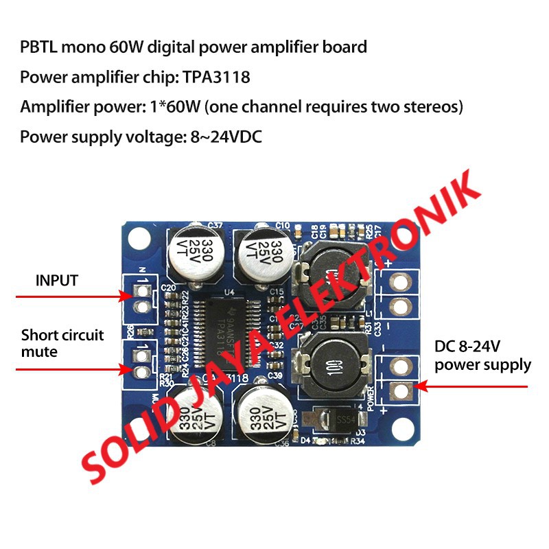 POWER CLASS D MONO TPA3118 1X60W DIGITAL AMPLIFIER 60W KLAS PBTL 12V KIT KLAS CLAS KELAS D 60 W WATT