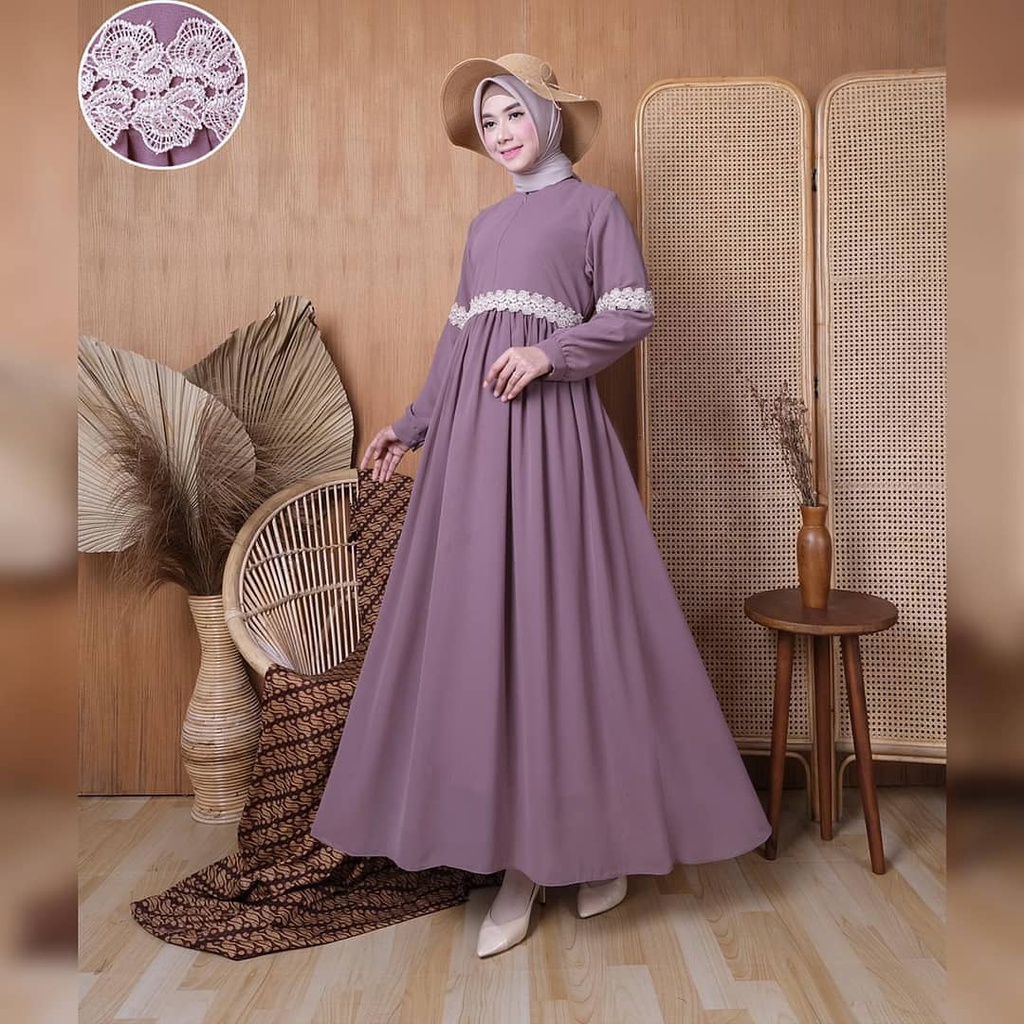 AMANDA DRESS BL Bahan CERUTY BABYDOLL APLIKASI RENDA FULL PURING GAMIS CERUTY TERBARU 2023 LEBARAN WANITA DRESS MAYUNG LEBAR MAXI DRESS LENGAN PANJANG