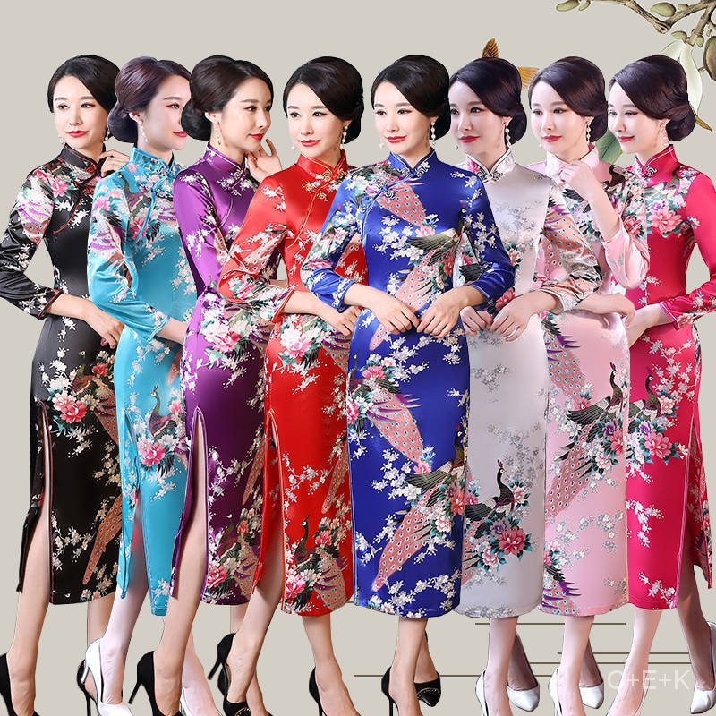 Lengan Panjang Cheongsam Wanita Cheongsam Retro Etiket Kostum Catwalk Dress