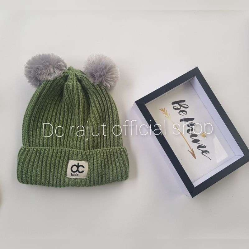 Topi Rajut Anak Pompom Kupluk Rajut Anak Bayi Pompom-Olive