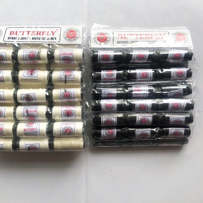 ️ (36 Pcs) Benang Jahit Hitam Putih Butterfly / Benang Warna Syntetis 