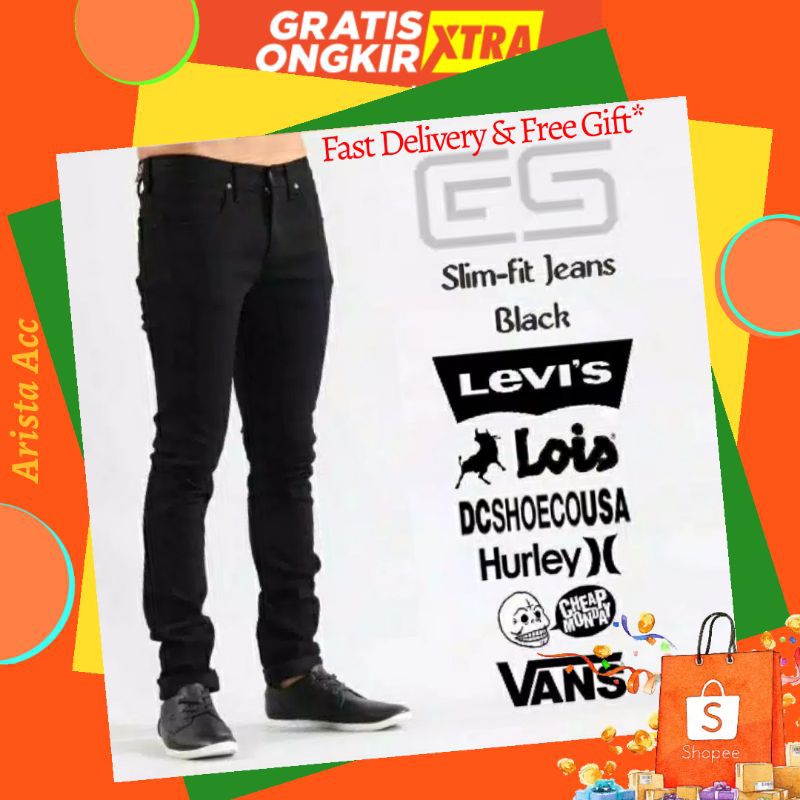 Plain black pekat long pants jeans celana panjang stretch ngaret karet bagus / celanapria / bisa cod