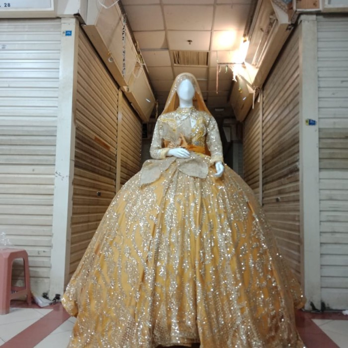 Baju Pengantin Wedding Dress Muslimah Jawa India gaun pengantin kipas dan pita -goldd, allsize fit L