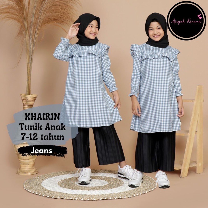 KHAIRIN TUNIK ANAK motif kotak baju remaja usia 7-12 tahun katun adem Baju Hijab Dress Lengan Panjan