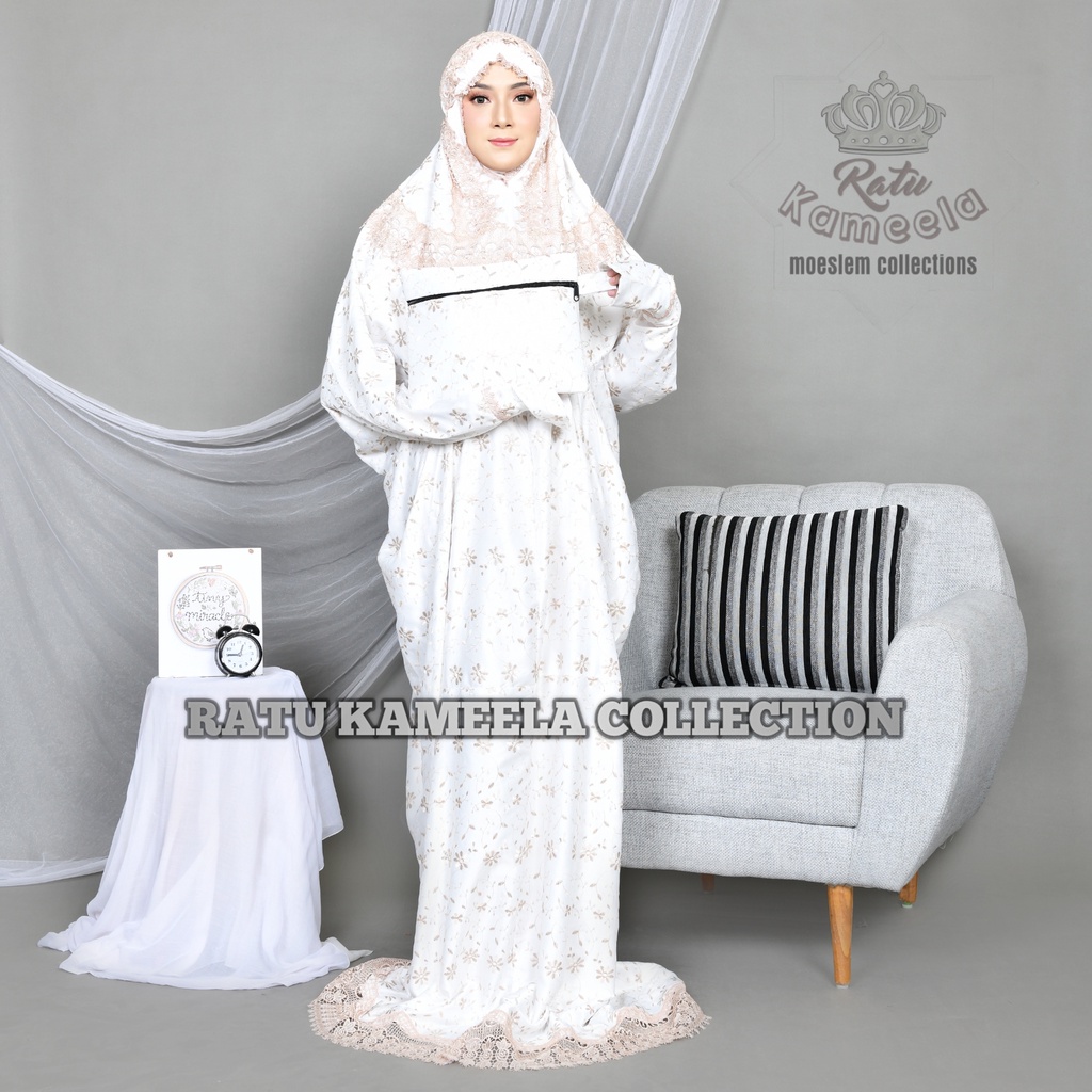 Mukena Terusan Dewasa Sutra Prada Jumbo Renda ziper Premium Bordir Mewah  Ratu Kameela mukenah terba
