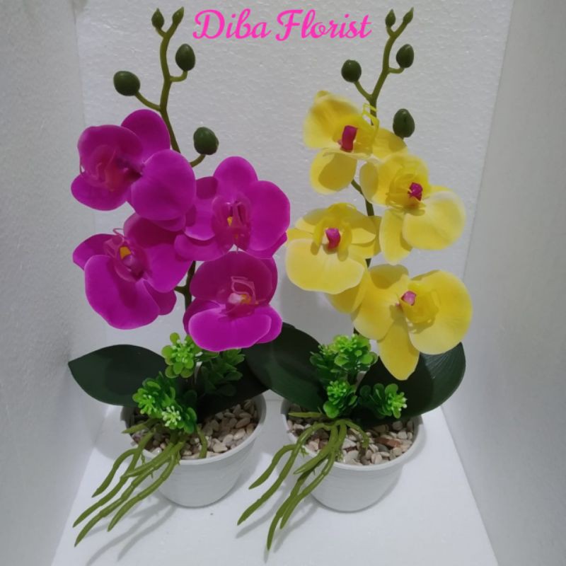 Diba Florist Bunga Anggrek Latex Artificial Flower Pot Rangkaian Bunga Hias Meja Murah Variasi Tanam