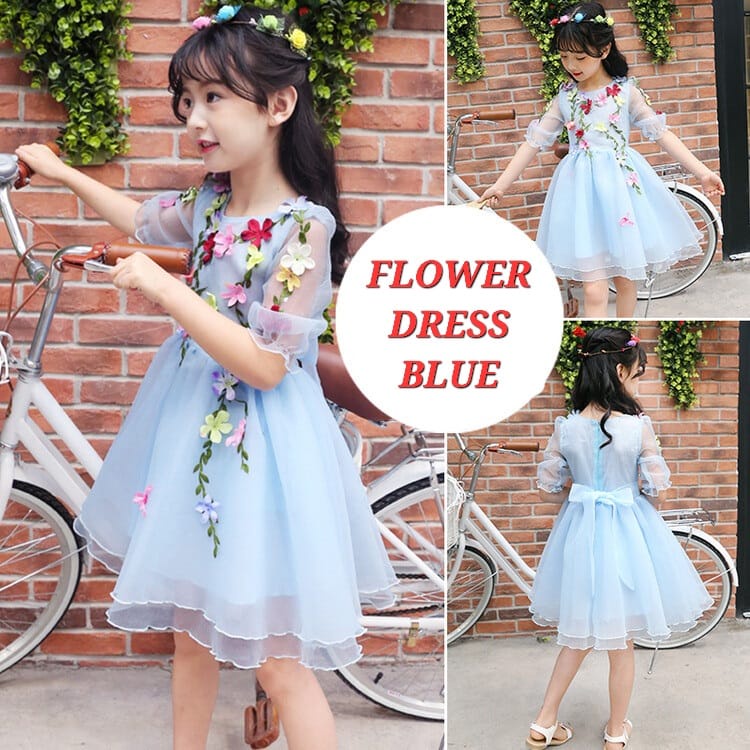 BAJUKIDDIE FLOWER DRESS GAUN BUNGA ANAK CEWEK ALA KOREA FASHION IMPORT CASUAL PUTIH PINK BIRU