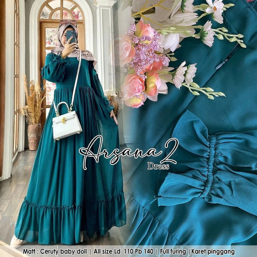 Gamis Ceruty Arsana dress Bo bahan ceruty babydoll premium Gamis wanita terbaru 2023 kekinian original mewah Dress wanita Busui friendly fashion muslim kekinian Dres warna putih , mint , mooca