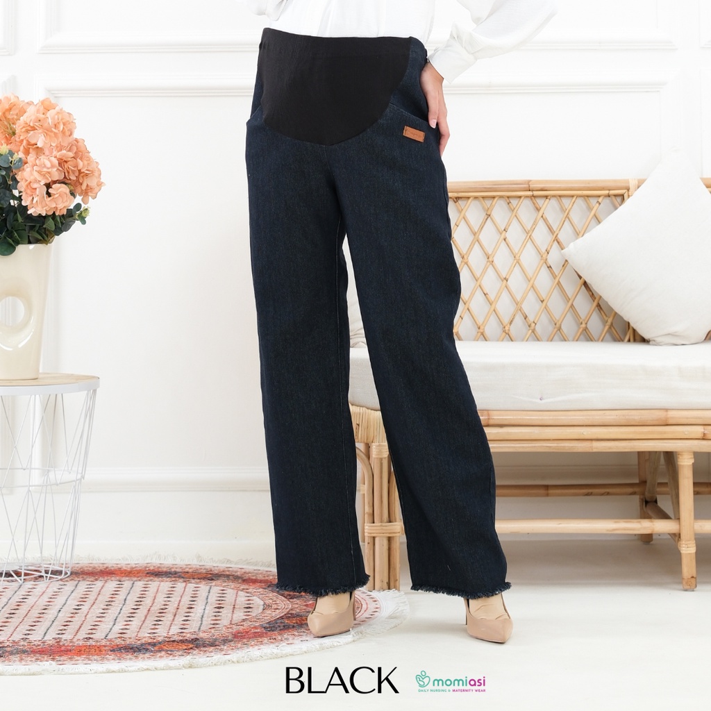Momiasi - Celana Hamil Jeans Kulot Rawis Denim Strech Panjang Jumbo Wanita Bumil Maternity Pants Premium