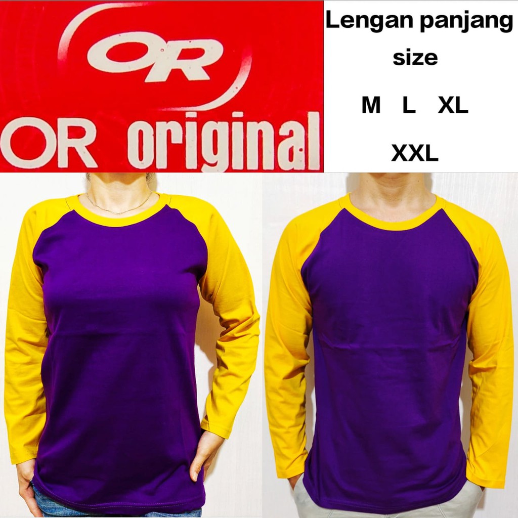 Koas polos reglan UNGU lengan KUNING panjang M L XL XXL