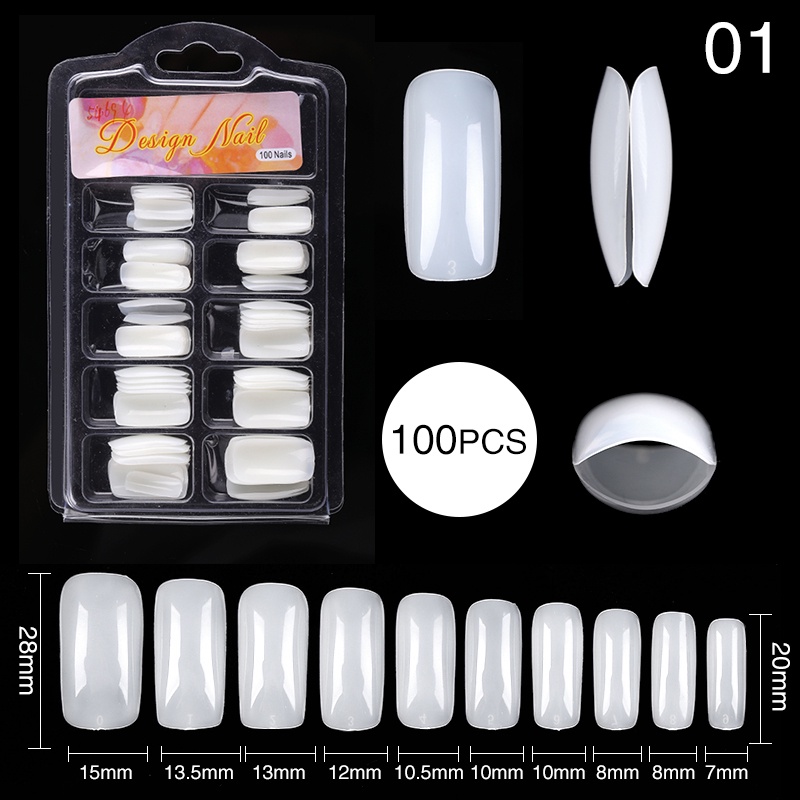 100pcs / Kotak Kuku Palsu Full Cover Bahan Akrilik Bening Natural Untuk Nail Art