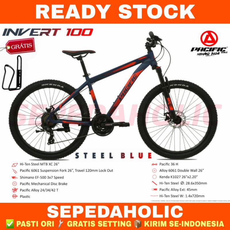 Sepeda Gunung 26" Inch MTB PACIFIC INVERT 100 Shimano 21 Speed Rem Cakram Garansi Resmi 5 Tahun