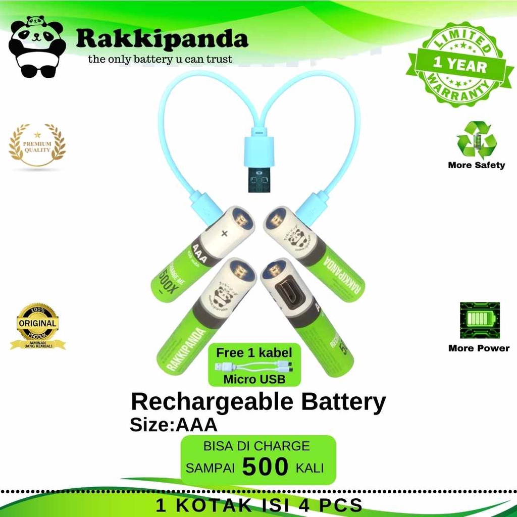 R/K- RakkiPanda - Baterai Cas isi Ulang AAA 1.2V Micro USB Rechargeable Ni-MH Battery Charge