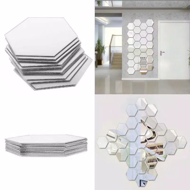 (12 PCS) Cermin Hexagonal BESAR Kaca Hexagonal Segi Enam Hexagon Mirror Acrylic Dekorasi Akrilik Tempel Dinding Cermin Hiasan Sticker Kaca Wallpaper Kaca Hexagonal Dekorasi Dinding F438