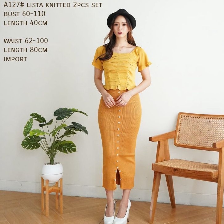 A127BC Setelan 2in1 Baju atasan rajut lengan pendek set rok Midi skirt Korean style wanita import Se