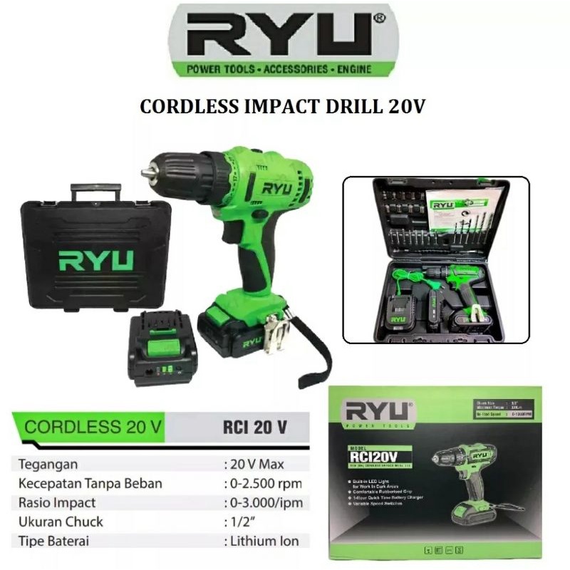 RYU CORDLESS DRILL IMPACT 20V MESIN BOR RYU RCI 20V