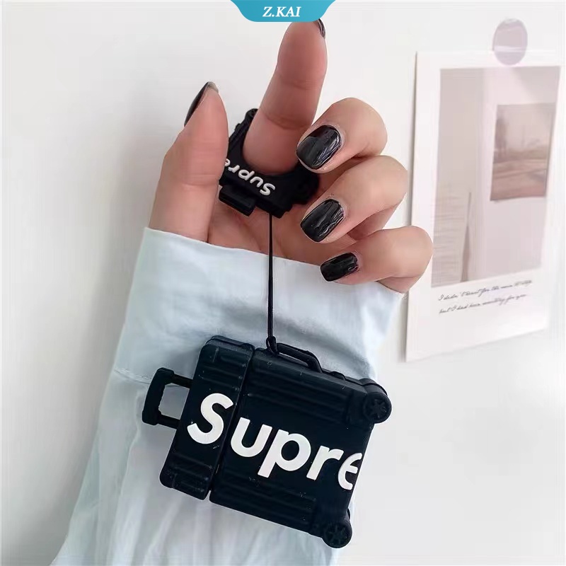 Case Silikon Bentuk Koper Desain Supreme Dengan Gantungan Kunci Untuk AirPods 1 2 3 Pro