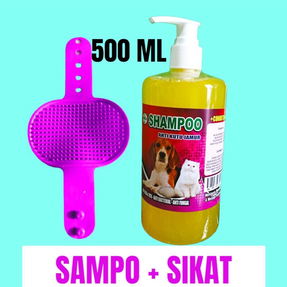 shampoo dan sikat karet kucing dan anjing anti rontok/kutu/jamur/bacteri netto 500 ml pump