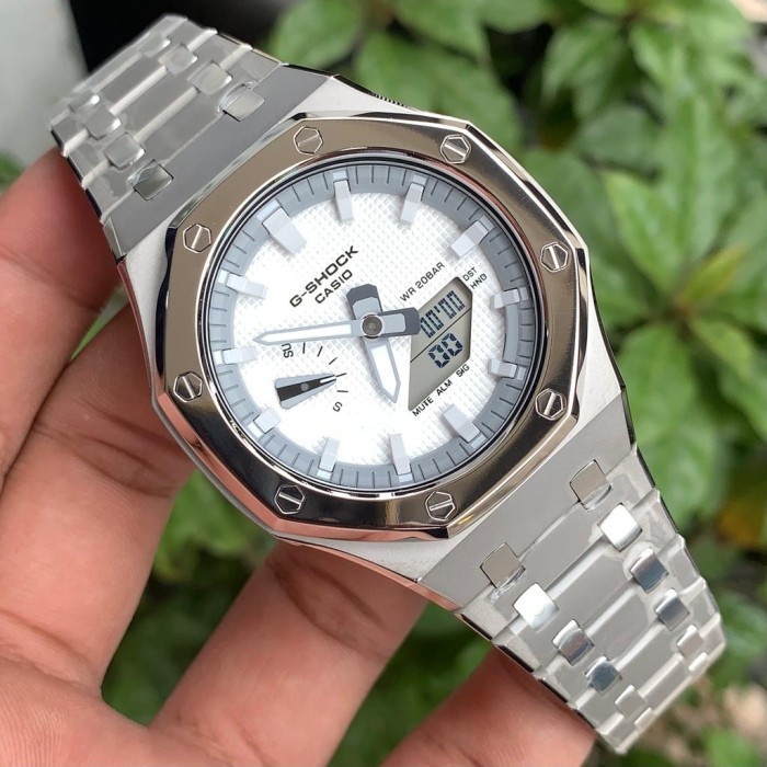 Jam Tangan Gshock GA 2100 White Face Silver Chrome 44mm