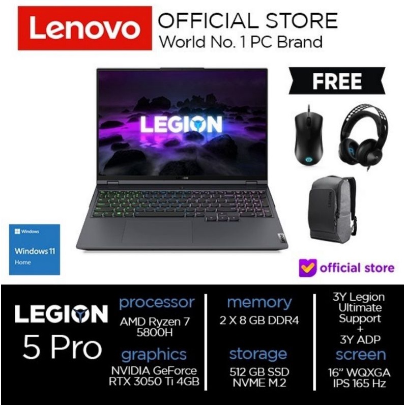 LENOVO LEGION 5 PRO 16ACH6 RYZEN 7 5800H 16GB 512SSD RTX 3050Ti 4GB FREE WINDOWS 11 GARANSI RESMI LE