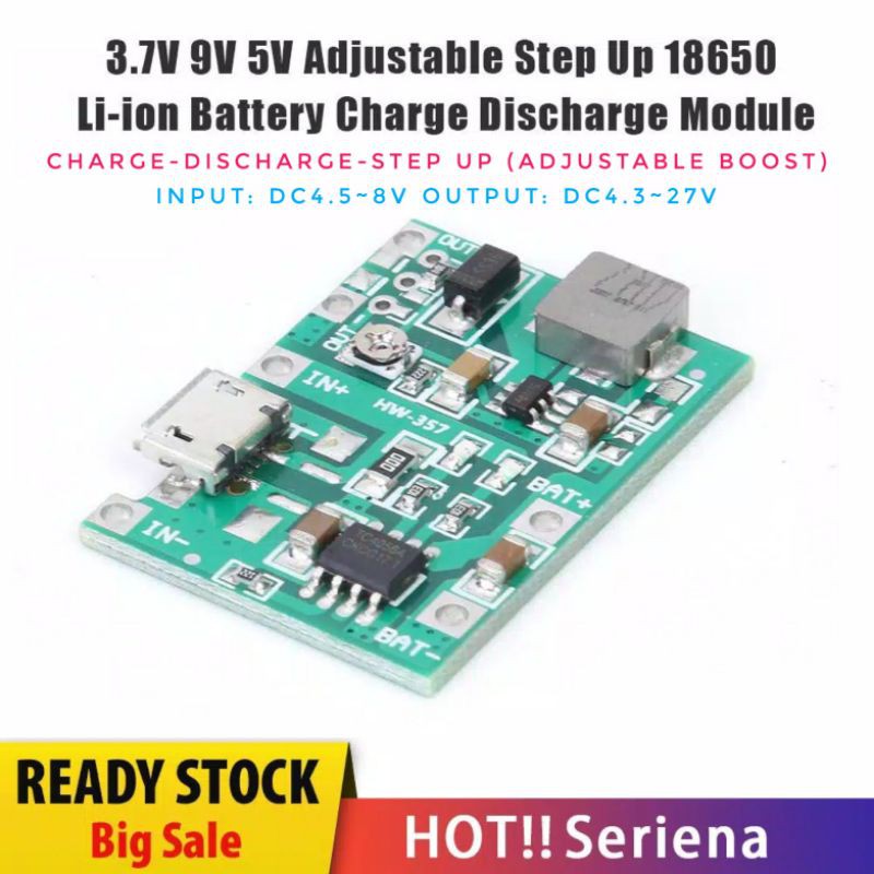 TP4056 + Step Up Modul Charger Baterai Li-ion 18650 2A 3.7V Output 4.3-27V Adjustable