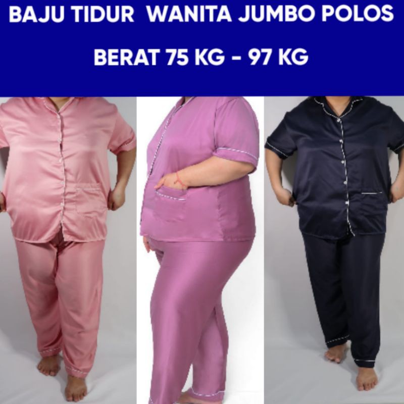 pajamas jumbo wanita dewasa set celana panjang stelan baju tidur big size satin polos lengan pendek