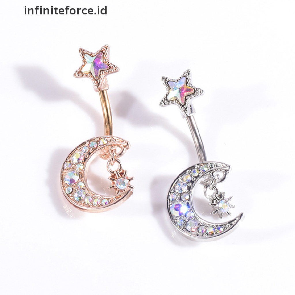 Infiniteforce.id Cincin Tindik Pusar Desain Bulan Bintang Hias Kristal