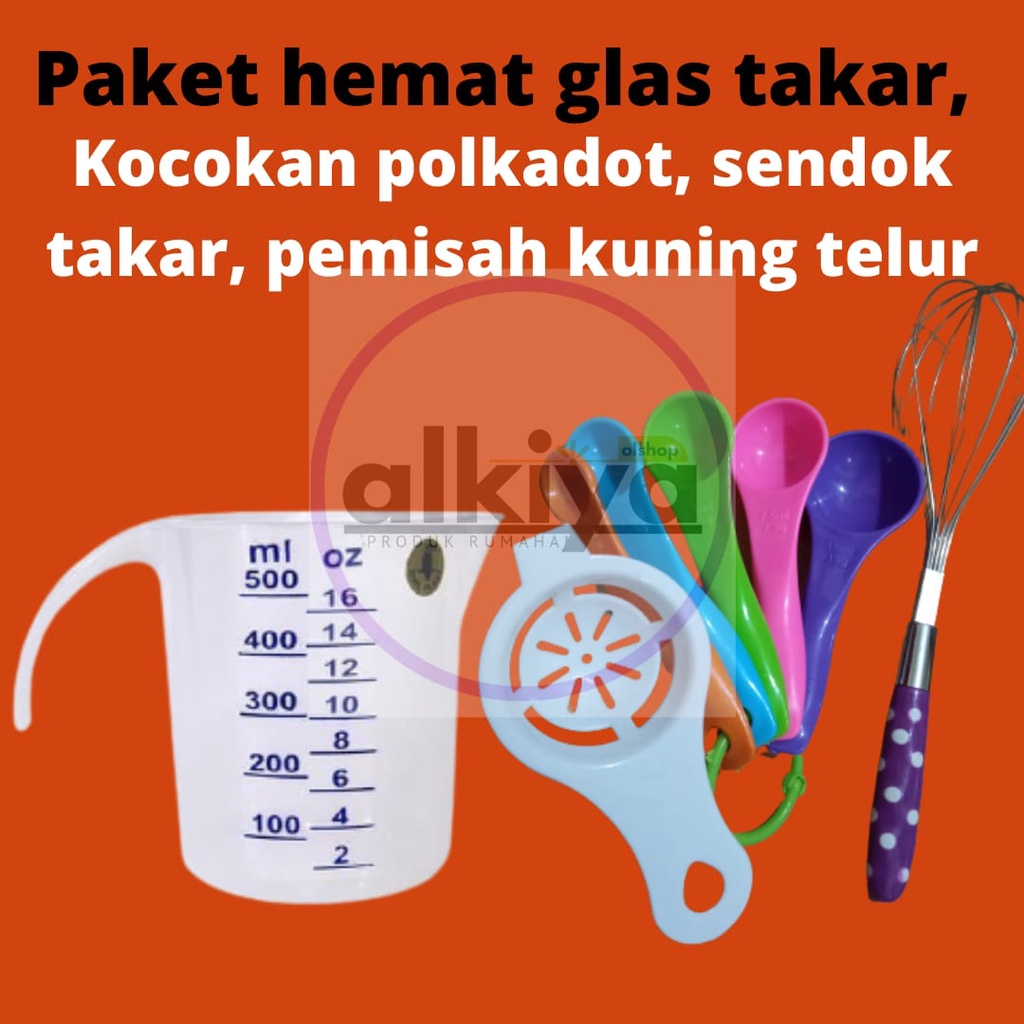 PAKET HEMAT PERALATAN DAPUR PAKET(GELAS TAKAR,SENDOK TAKAR,KOCOKAN POLKADOT,PEMISAH KUNING TELUR)