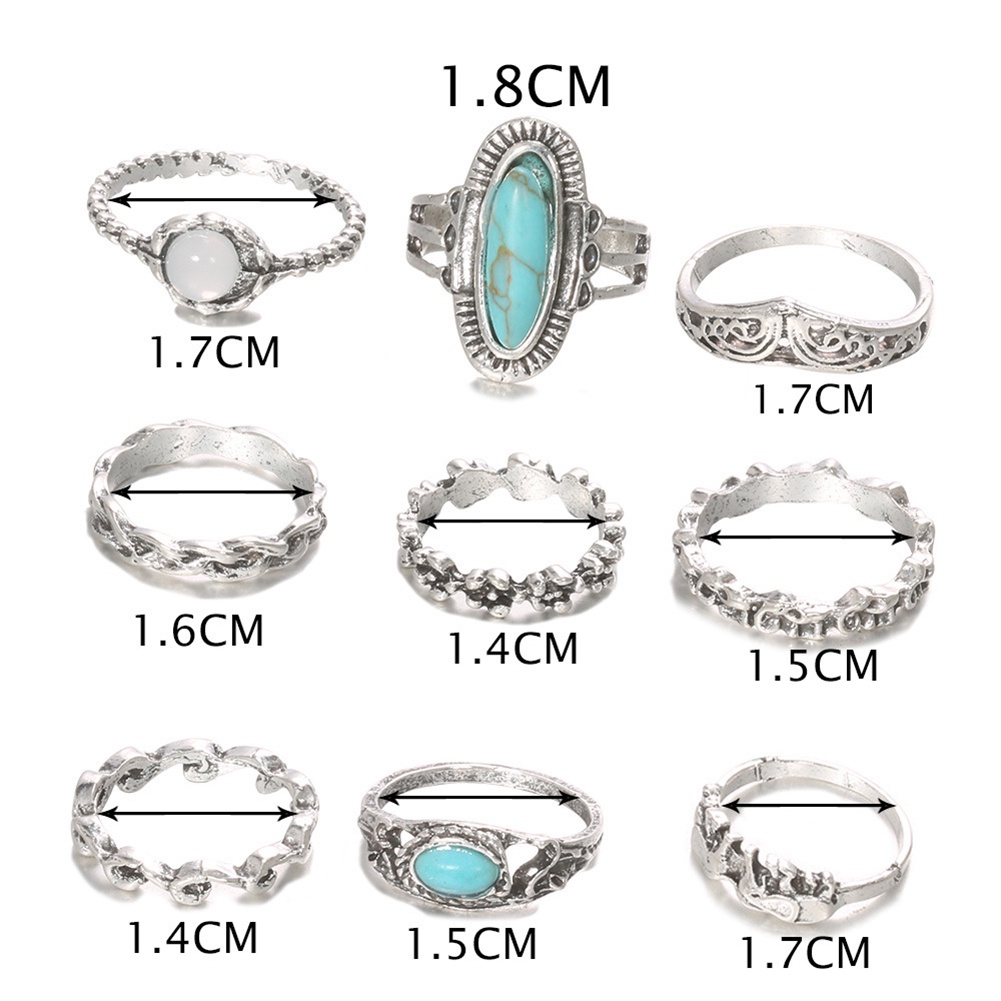 Hu Hu Hu Hu Hu Alat Bantu Pasang Kacamata♡ 9 Pcs / Set Cincin Jari Gaya Retro Bohemian Aksen Turquoise Imitasi Untuk Wanita