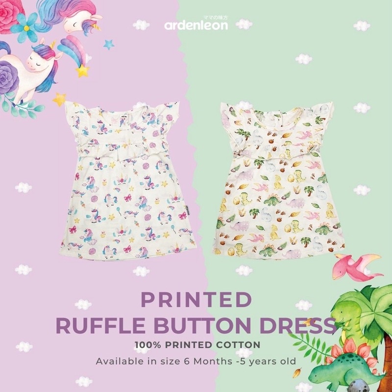 ArdenLeon RUFFLE BUTTON DRESS PRINTED / Arden Leon Dress Motif Bayi Anak Perempuan