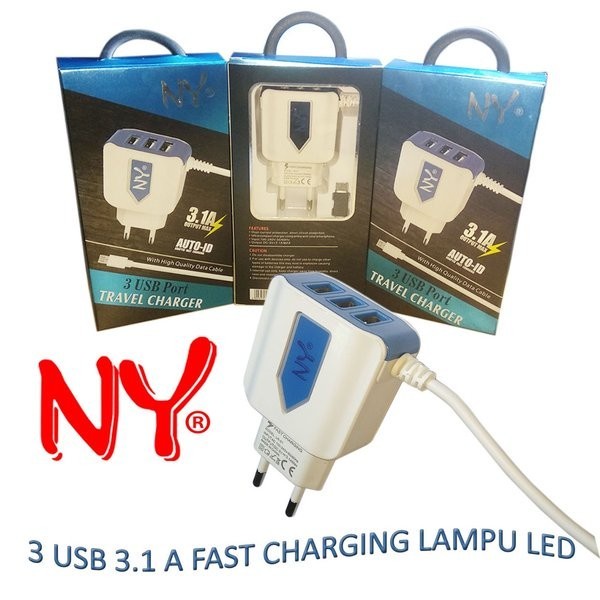 TC NY 3 USB 3.1 A FAST CHARGING LAMPU LED CHARGER / charger 3 lubang 3.1 amper lampu led / casan hp fast chargeing