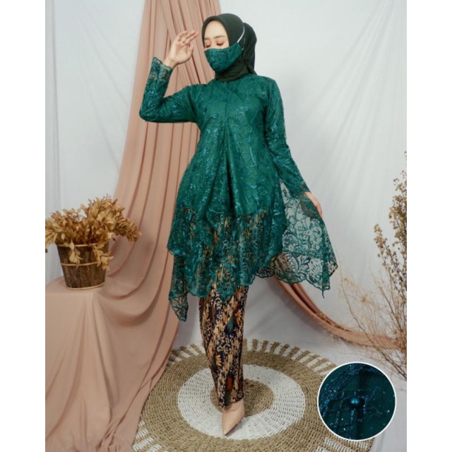 ( COD ) Setelan kebaya tunik selendang kutubaru payet - motif bunga - outfit kekinian - kebaya modern - bahan brukat non gliter - baju pesta keluarga, wisuda, pakaian kondangan, nikahan ataupun akad