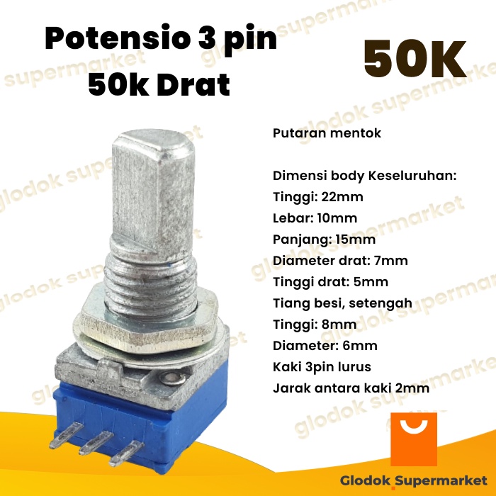 Potensio 3 pin 50k Drat Mono Kaki 3 Lurus Segi Biru 503