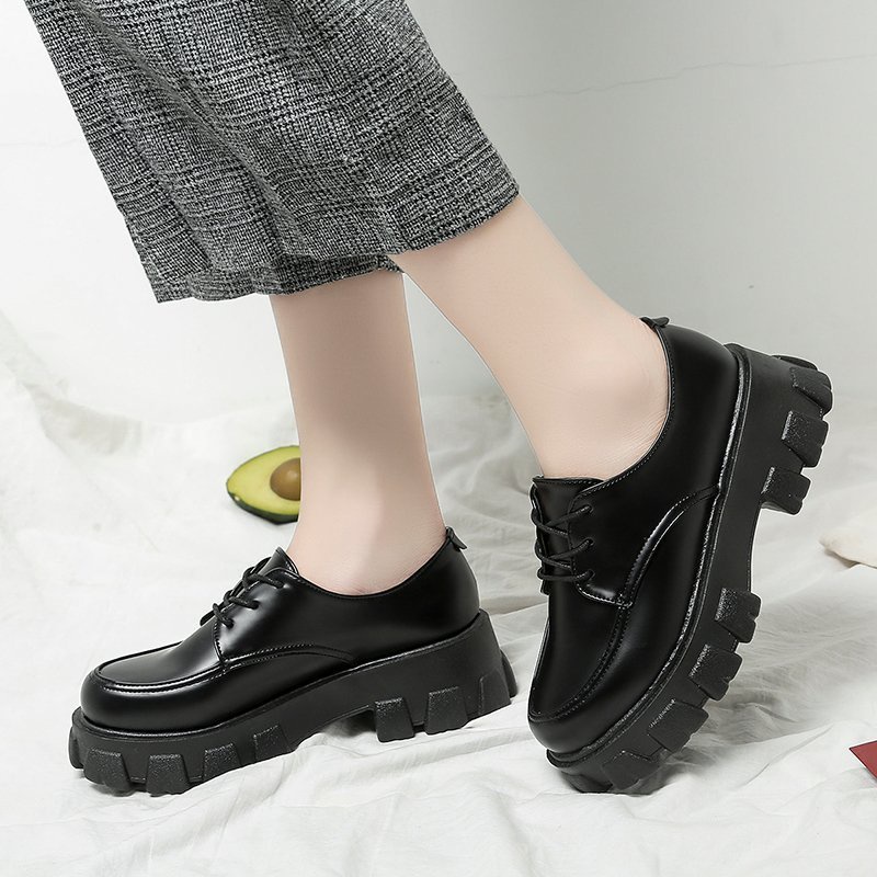 Sepatu Oxford Derby Hak Tinggi Wanita Flatform Ankle Boots Platform Shoes Heels Bot Import Kulit Hitam Black - Ukuran 35 36 37 38 39 40