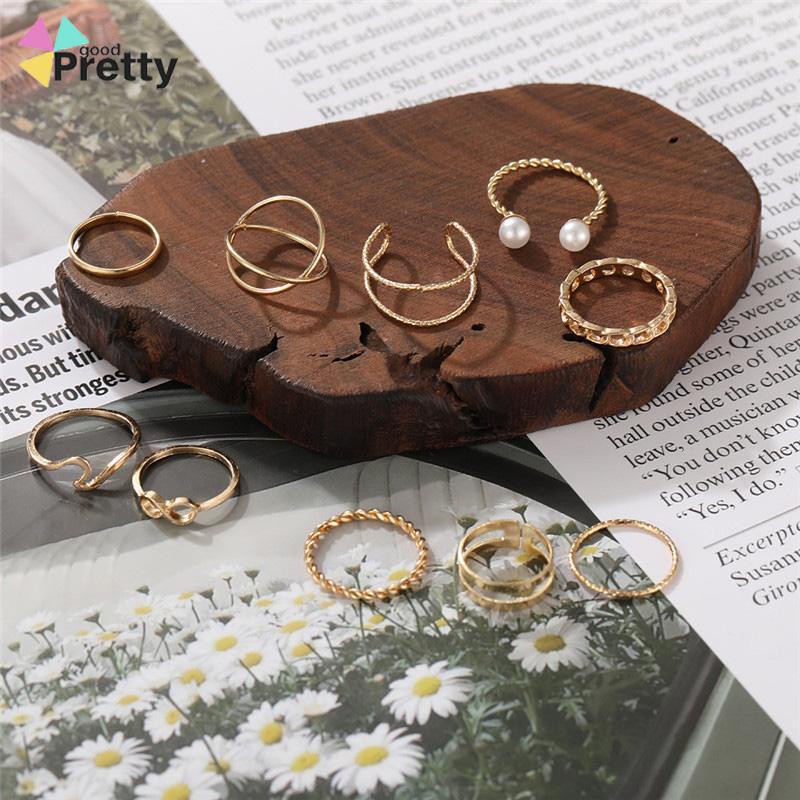 10 Buah Set Wanita Kreatif Sederhana Manik-manik Ganda Cincin Gabungan Geometri Gelombang Mutiara - PD