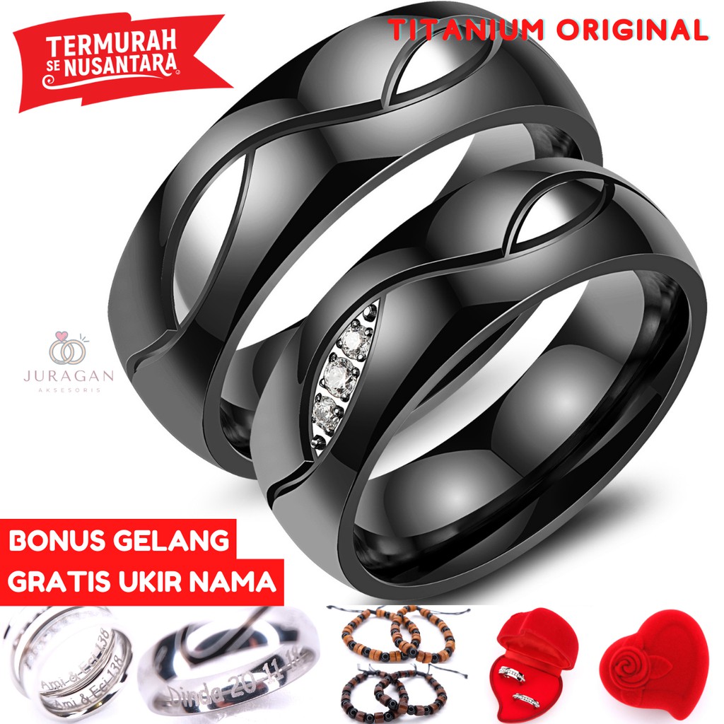 [HIGH QUALITY] Cincin Couple BUCIN R56 Titanium Ukir Nama + Box Cincin Beludru + BONUS Gelang Couple