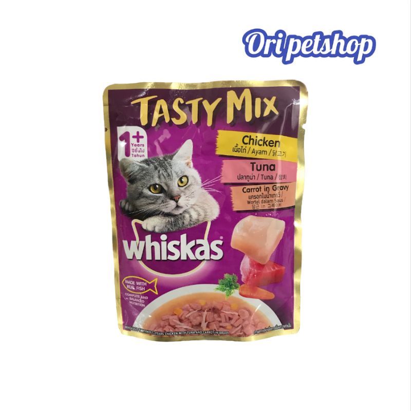 Whiskas Tasty Mix Pouch Sachet 70gr Makanan Kucing Basah Adult - Chicken Tuna Carrot In Gravvy