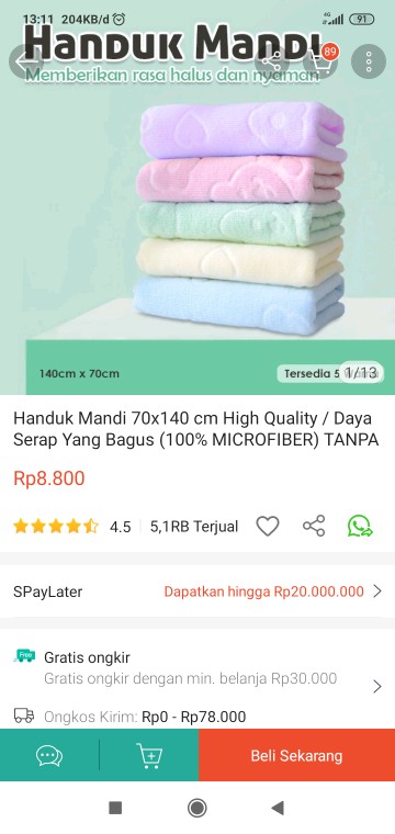 Handuk Mandi 70x140 Cm High Quality / Daya Serap Yang Bagus (100% Microfiber) Tanpa Dus