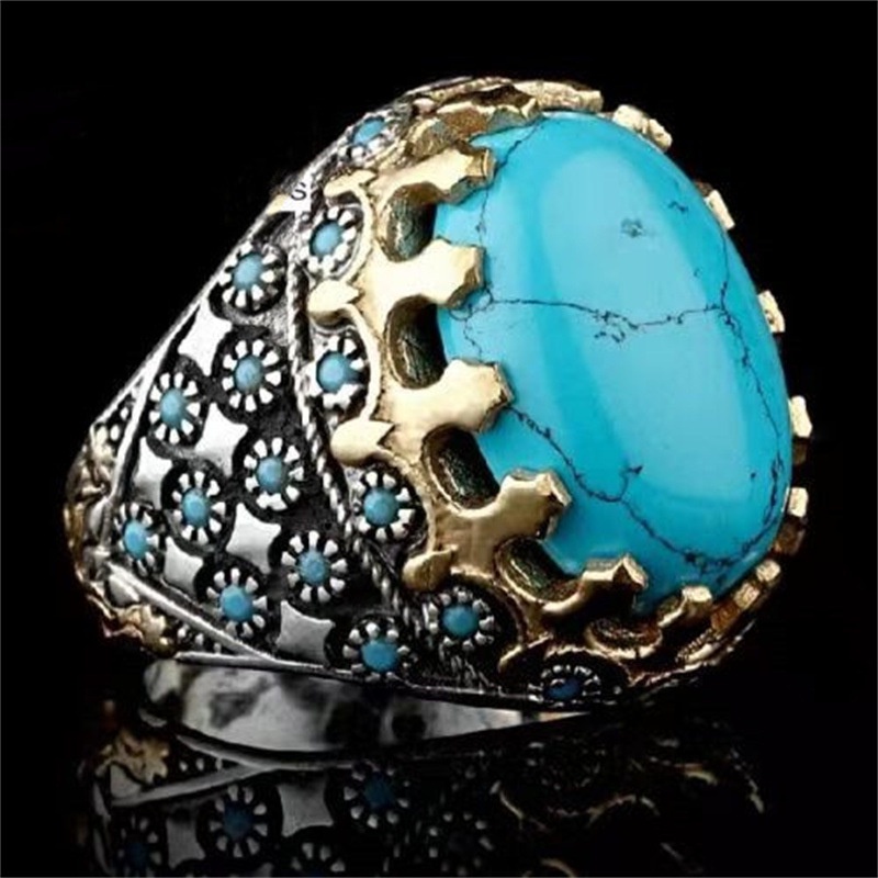 Cincin Batu Turquoise Bentuk Telur Dua Warna Gaya Vintage Untuk Pria