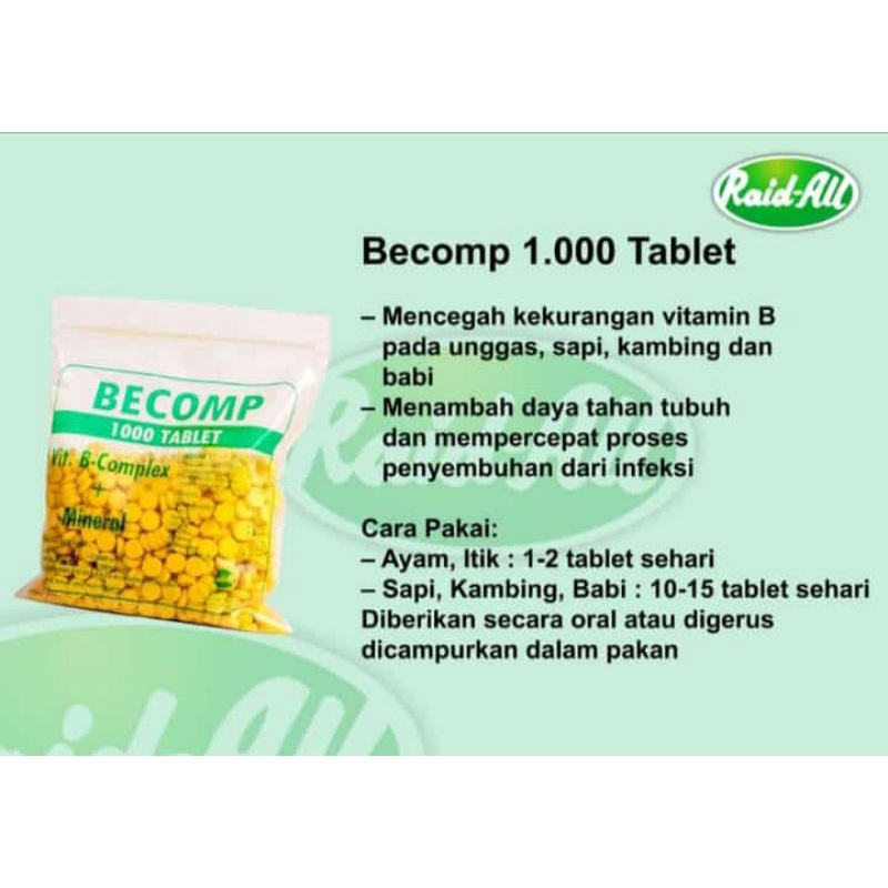 Becomp vitamin B complek  komplek+ mineral Untuk itik,ayam,kambing,sapi isi 1000 tablet