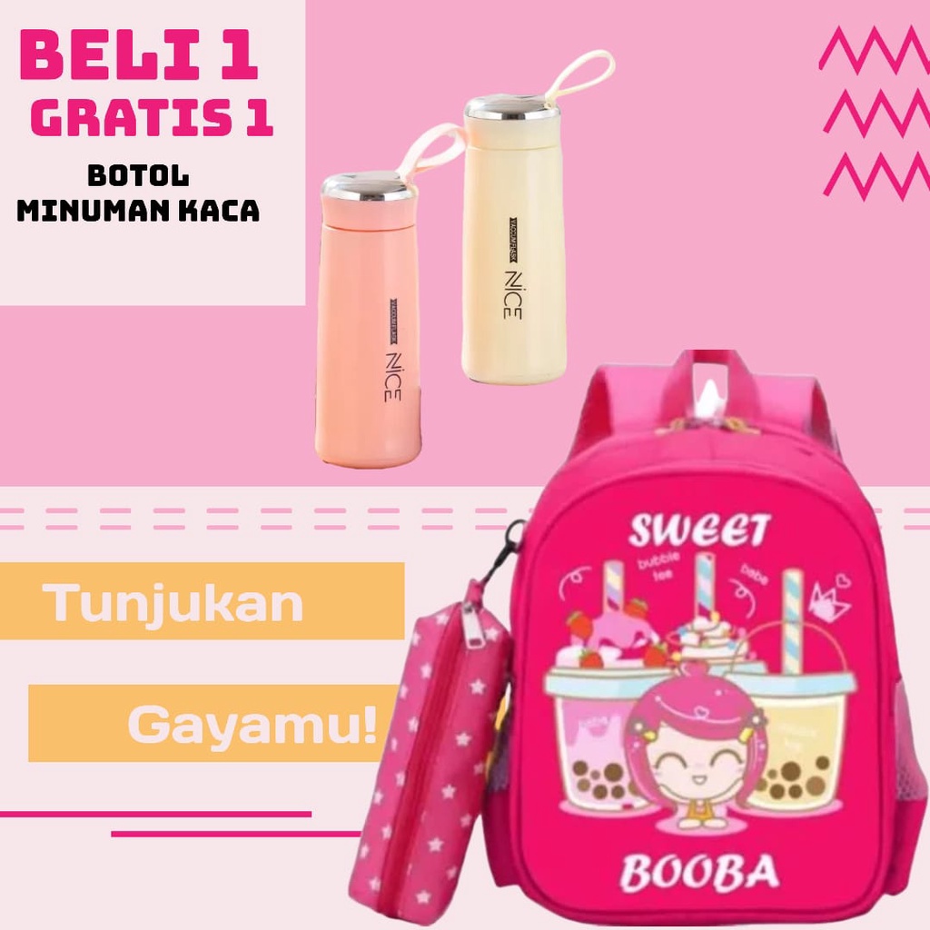 OLSHOPGROSIRBANDUNG - Tas Sekolah Anak Perempuan SD SMP SMA Ransel Kerja ORIGINAL Tas Sekoah Gambar Boba Tas Sekolah Anak Laki-Laki FREE BOTOL MINUM KACA