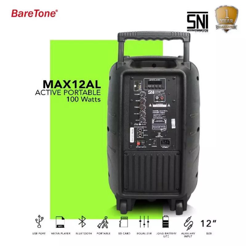 Speaker Portable BARETONE MAX12AL 12 Inch Bluetooth Wireless Original