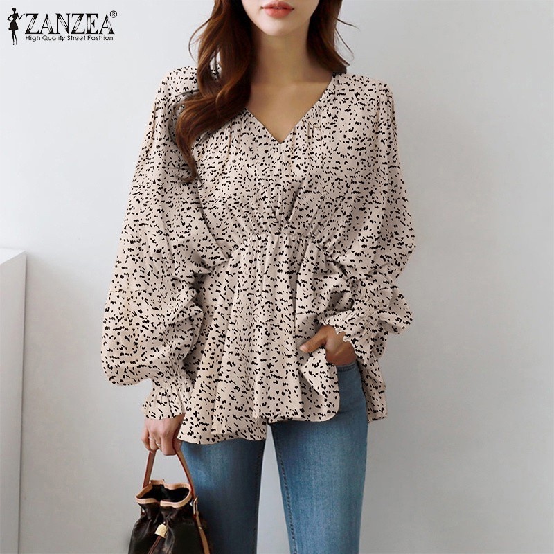 ZANZEA Women Fashion Full Sleeve V Neck Leopard Printed Casual Loose Blouse