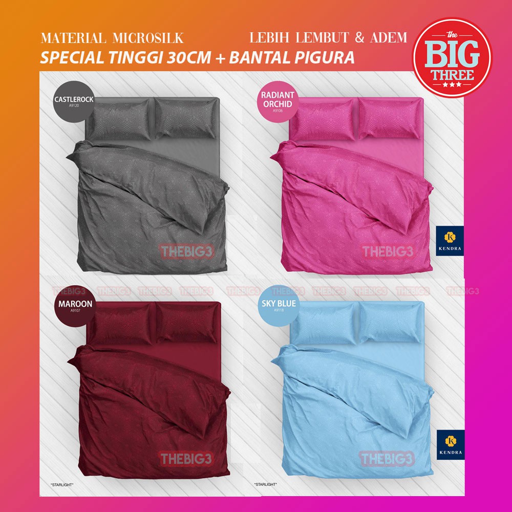 SET Bedcover + Sprei KENDRA POLOS 180X200 / 160x200 TINGGI 30 warna Merah Pink Ungu Hijau Biru Tua Muda Putih Coklat Abu Grey Gelap - King 180 Queen 160 T30 BC