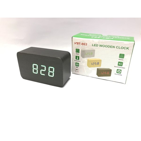 Jam Meja Digital Led Weker &amp; Digital Wood Alarm Clock 012 black green