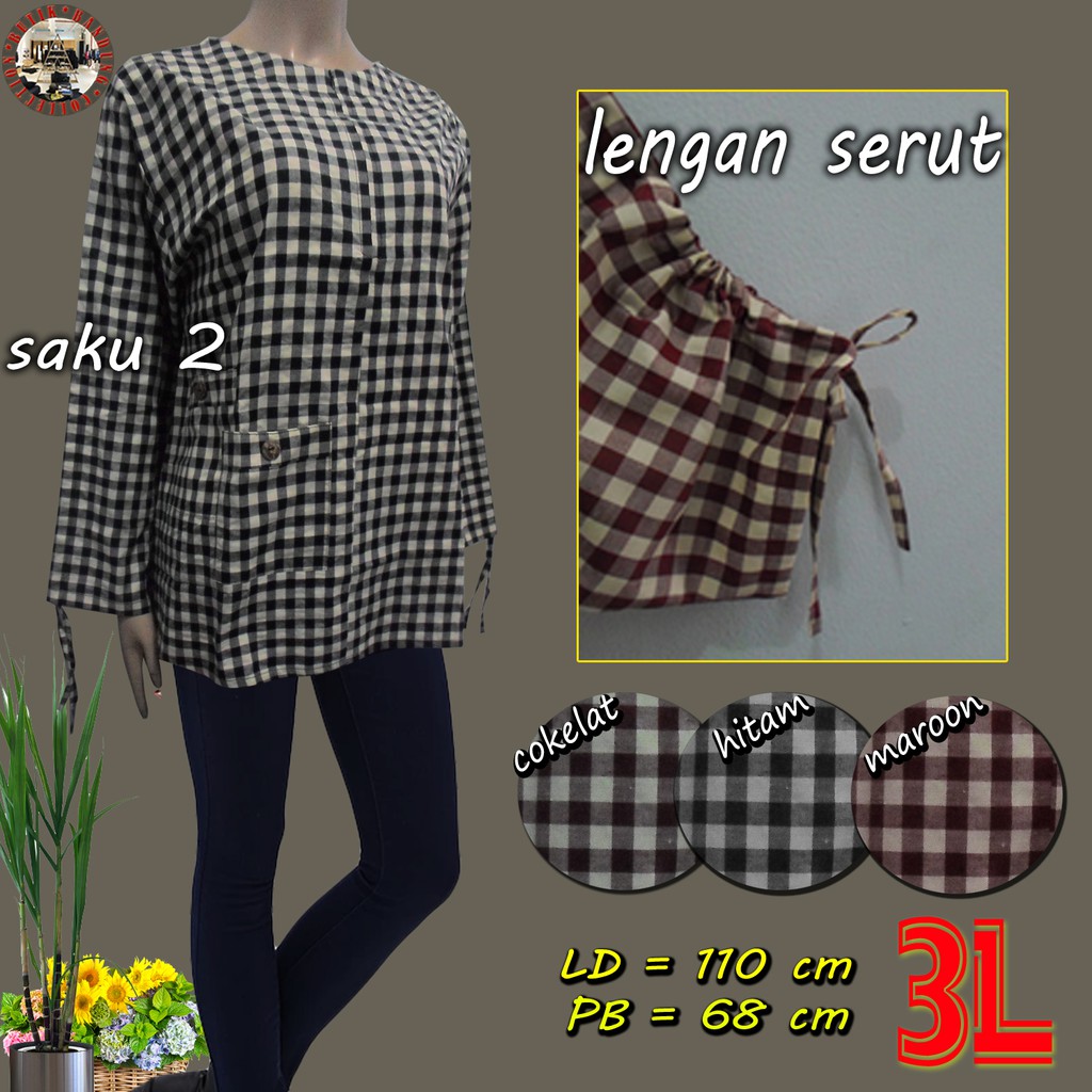 Baju Atasan Wanita Blus Wanita Kotak Saku 2 Rendeng Lengan Serut