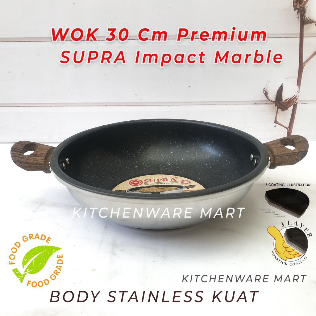 WOK impact premium 30cm marble coating / wajan masak anti lengket kuali marble tebal with Body Stainless Steel supra