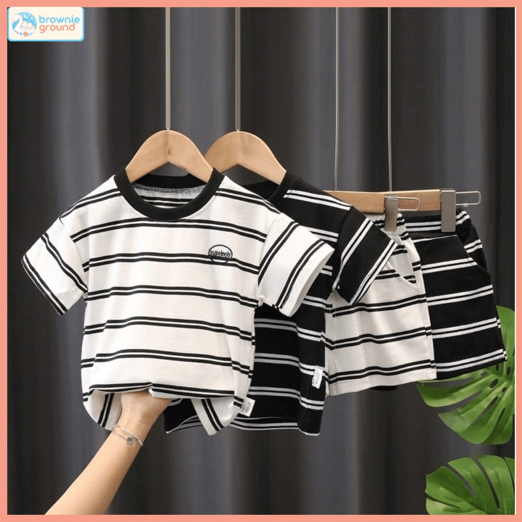 [COD] Setelan pendek anak motif salur  0-5 tahun  baju anak unisex IMPOR KOREA PREMIUM / brownieground