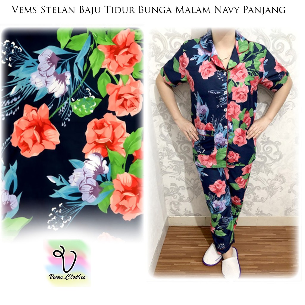 Vems Stelan Baju Tidur Bunga Malam Navy Panjang