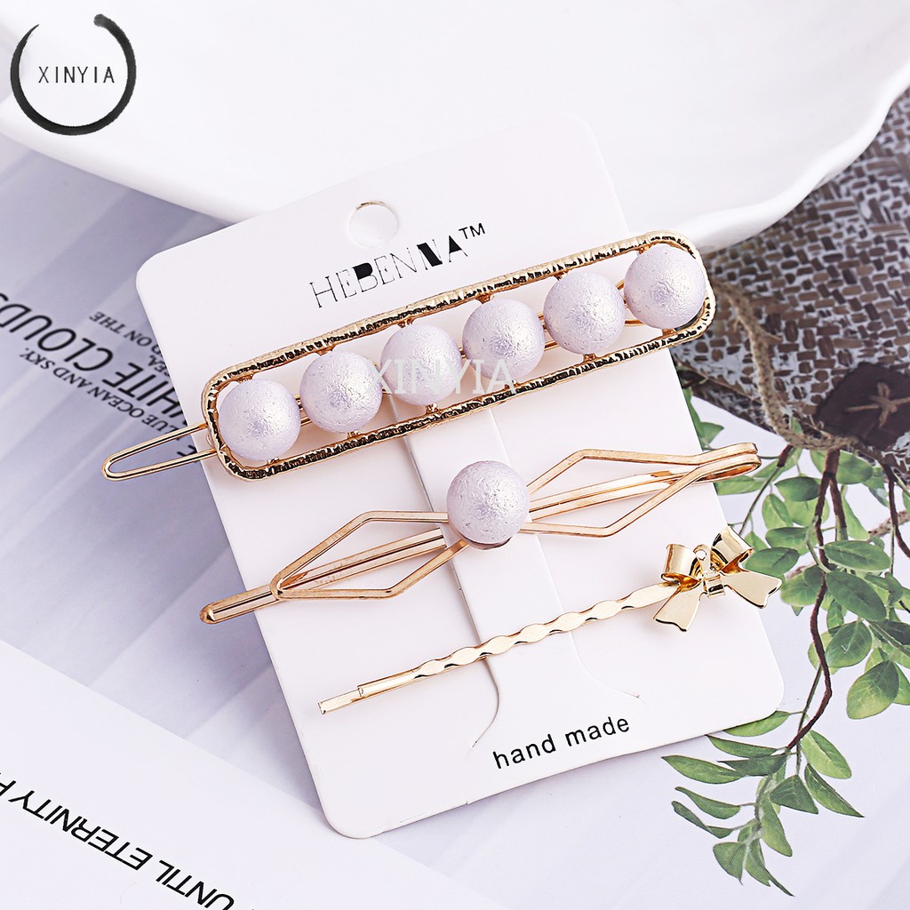 4Pcs / Set Klip Penjepit Rambut dengan Bahan Logam dan Mutiara Bergaya Korea